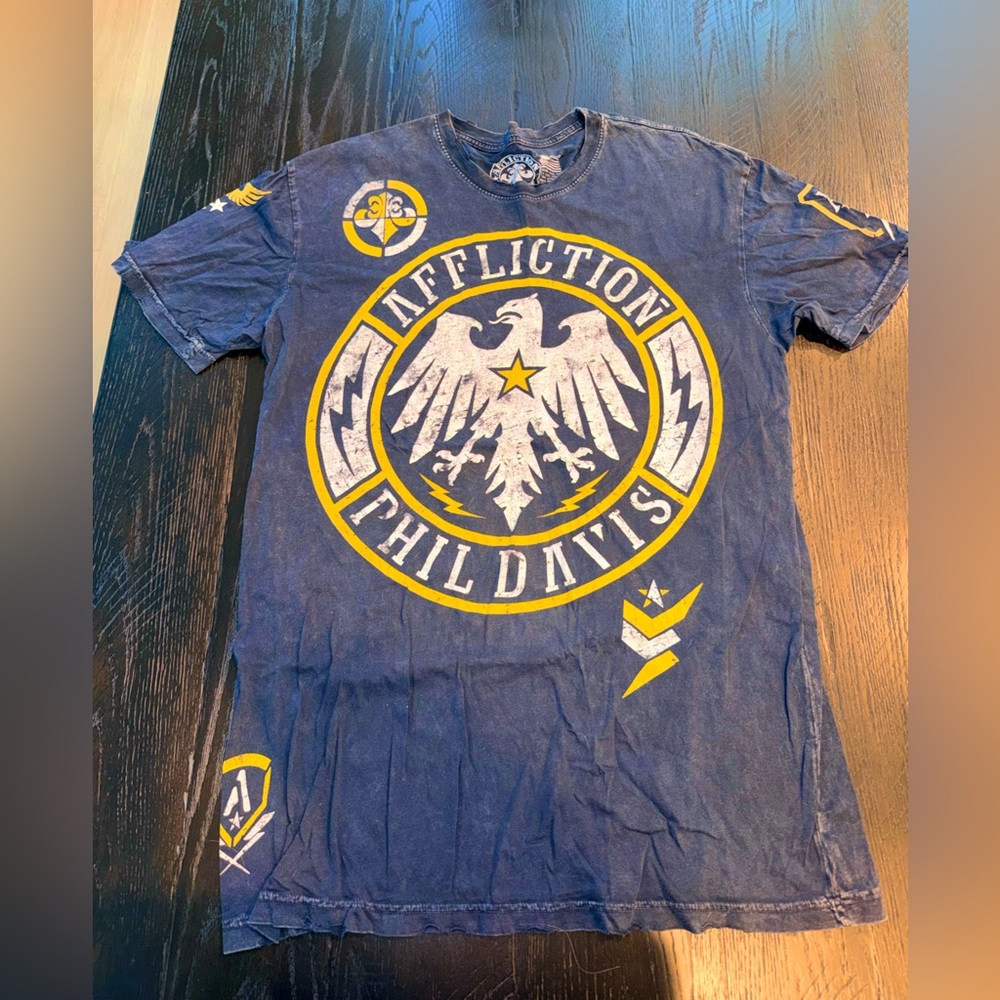 Affliction Navy Tee with Bold Yellow Graphics